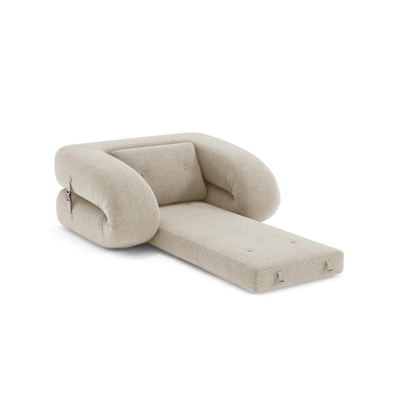 Flippo Sofa Bed in Cream White color – soft neutral tone, cozy corduroy fabric, minimalist design, folds out into a bed, modern compact sofa